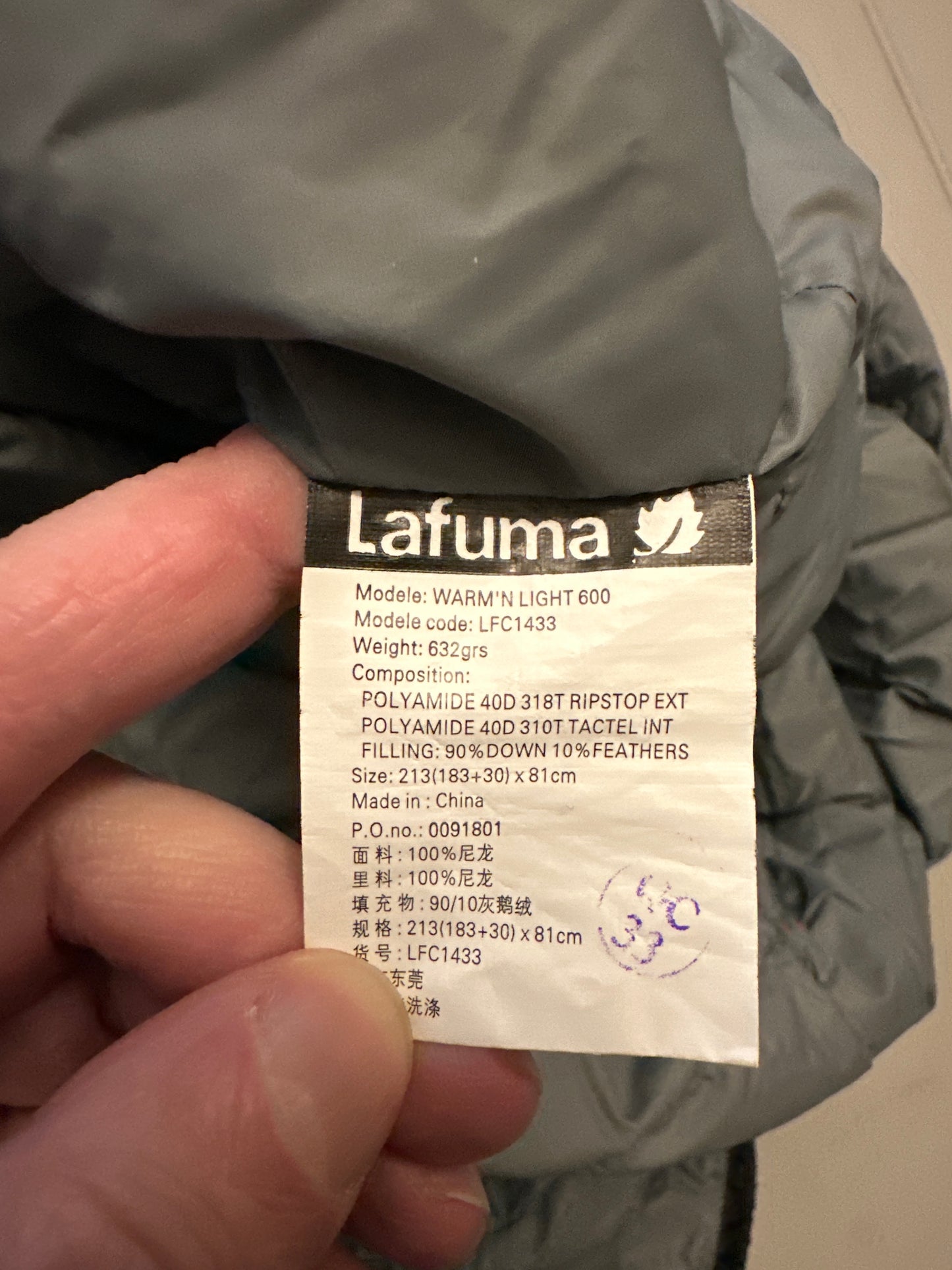 40 degree F Lafuma down sleeping bag, compression stuff sack and hang bag (used)