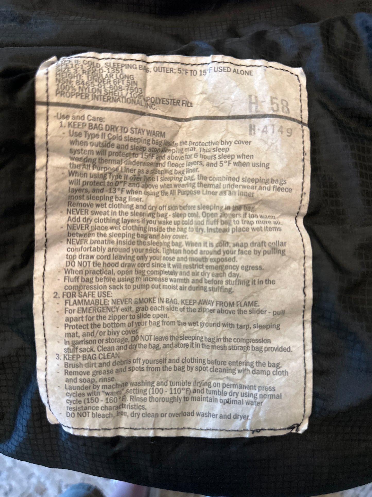 Military Surplus, Type II Cold Weather Center Zip, Sleeping Bag, Outer; 5F to 15F