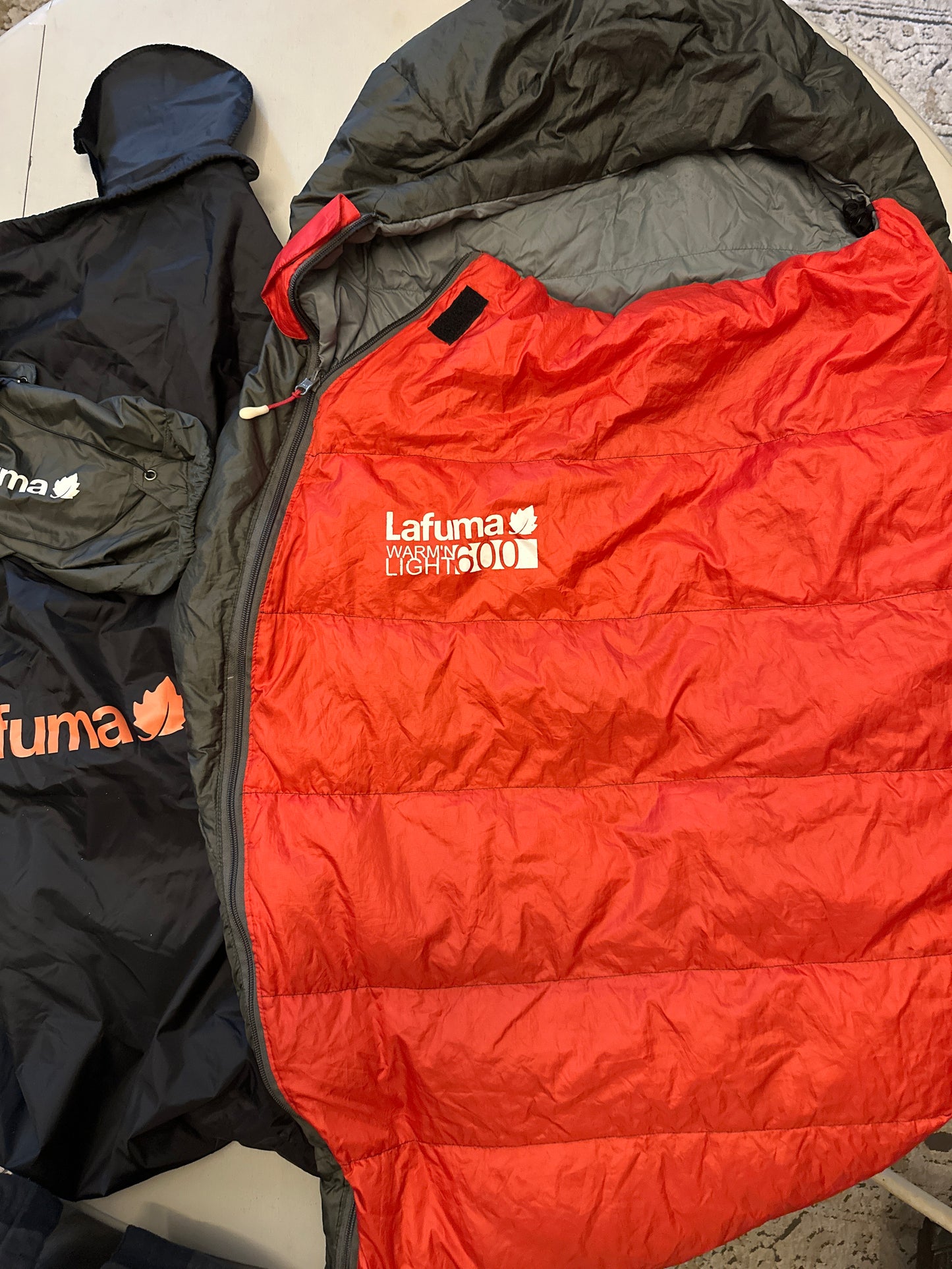 40 degree F Lafuma down sleeping bag, compression stuff sack and hang bag (used)