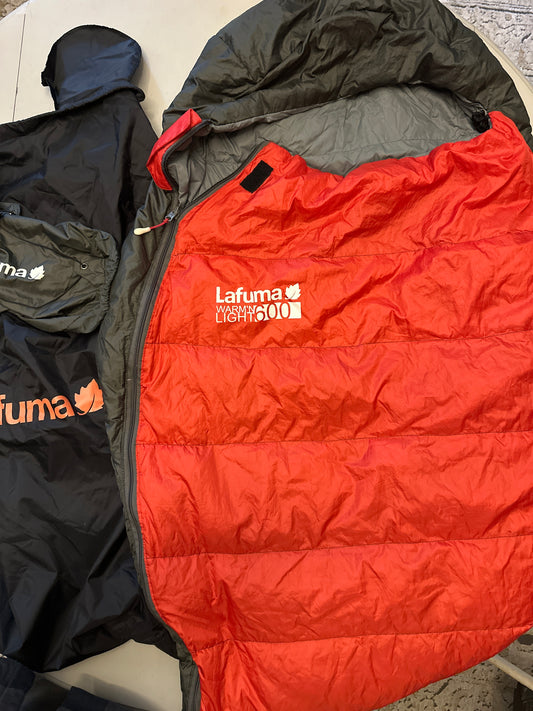 40 degree F Lafuma down sleeping bag, compression stuff sack and hang bag (used)