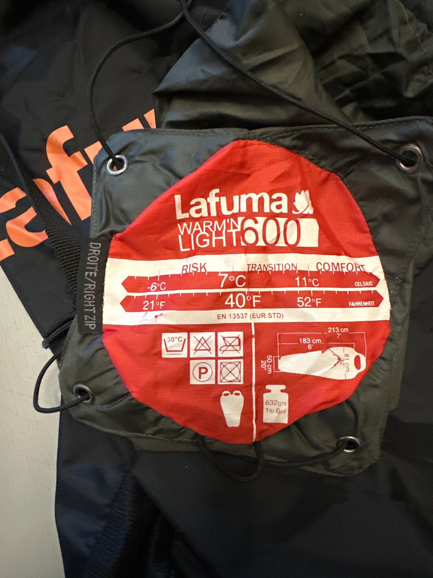 40 degree F Lafuma down sleeping bag, compression stuff sack and hang bag (used)