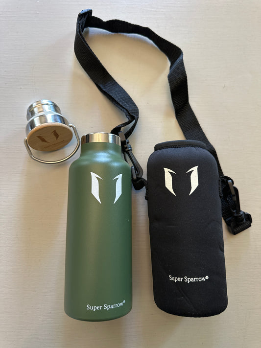 Super Sparrow, 17 oz metal container, and neoprene ￼carry pouch